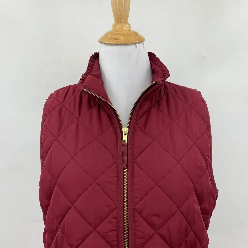 J Crew Vest Womens S Small Garnet‎ Mercantile Ruffle Quilted Puffer Full Zip
